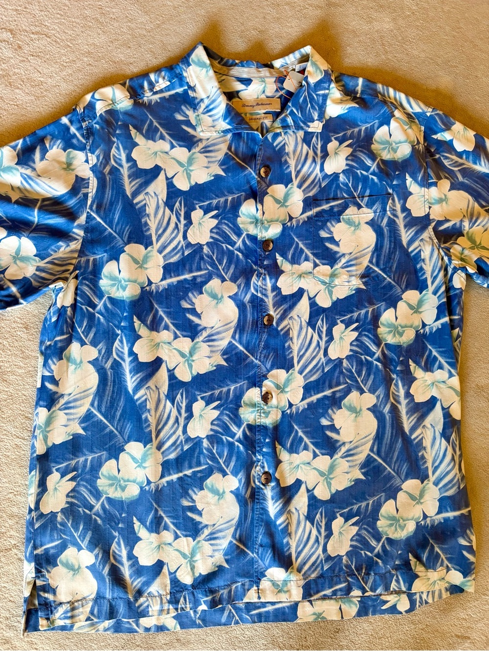 Tommy Bahama White Floral on Blue Short-Sleeve Button-Down.  Brand new, with tag